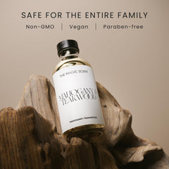 Close-up of Mahogany & Teakwood diffuser oil bottle label