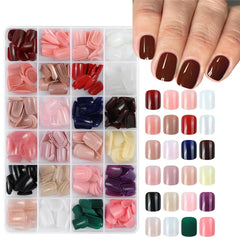 Maigitur 576Pcs short square press-on nails box with varied designs for quick style changes.