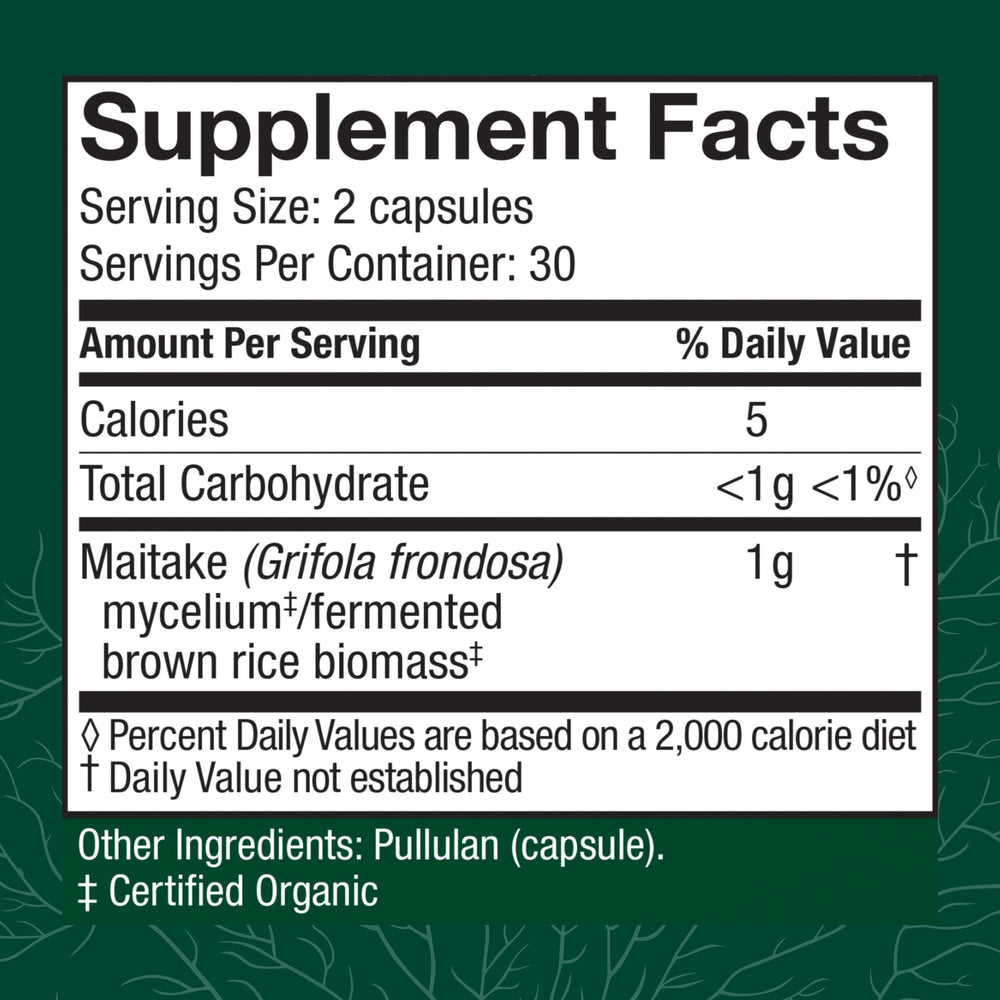 Front label of Maitake Capsules packaging emphasizing immune support.