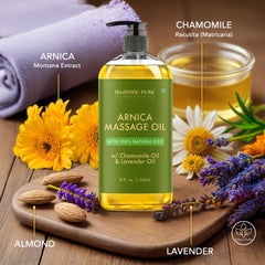 Arnica Massage Oil bottle with lavender and chamomile accents