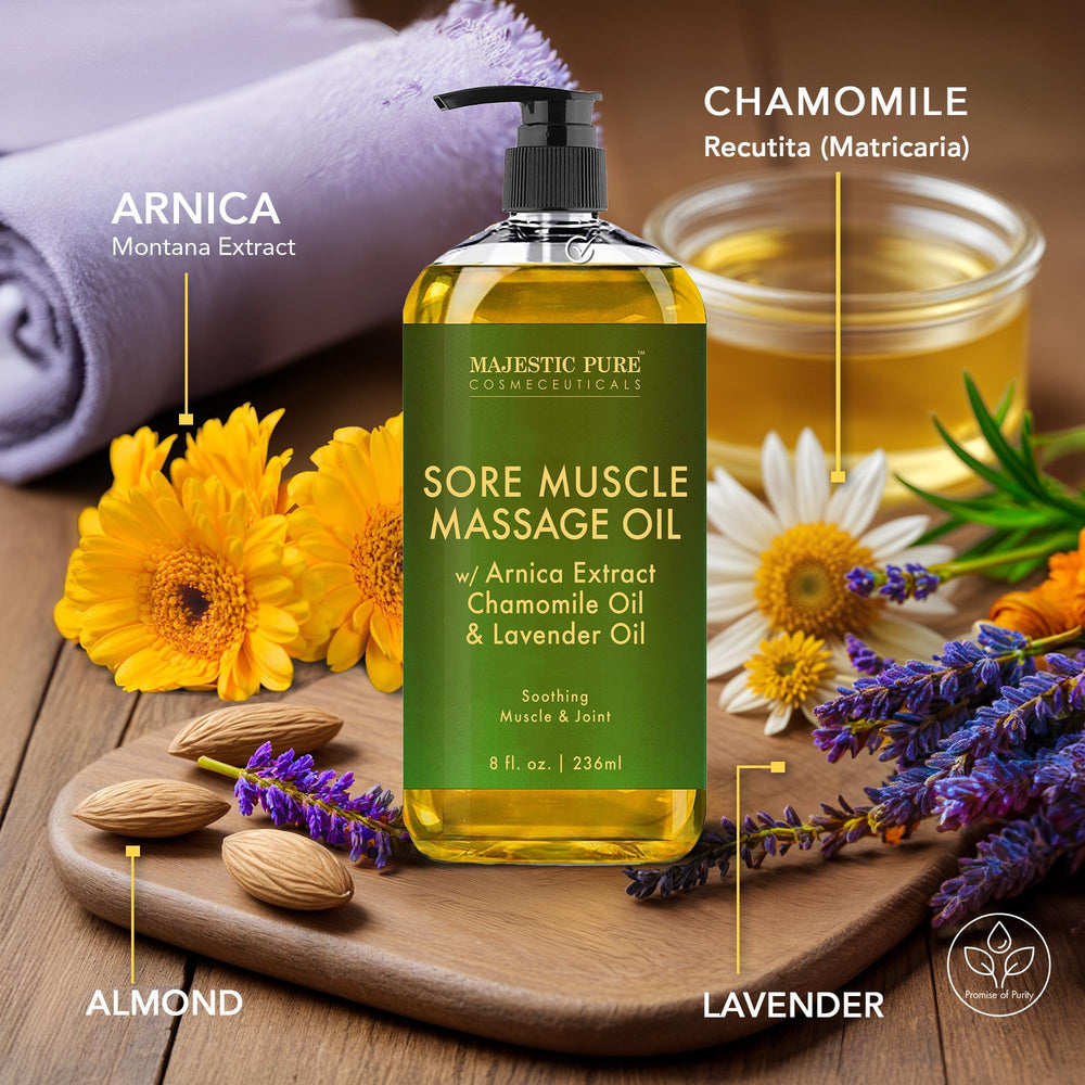 Product label for Majestic Pure Arnica Sore Muscle Massage Oil 8 oz x 2