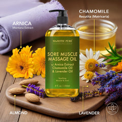 Product label for Majestic Pure Arnica Sore Muscle Massage Oil 8 oz x 2