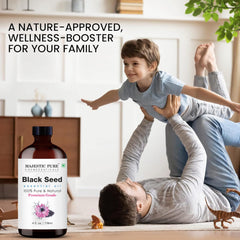 Close-up of Majestic Pure Black Seed Oil label on bottle