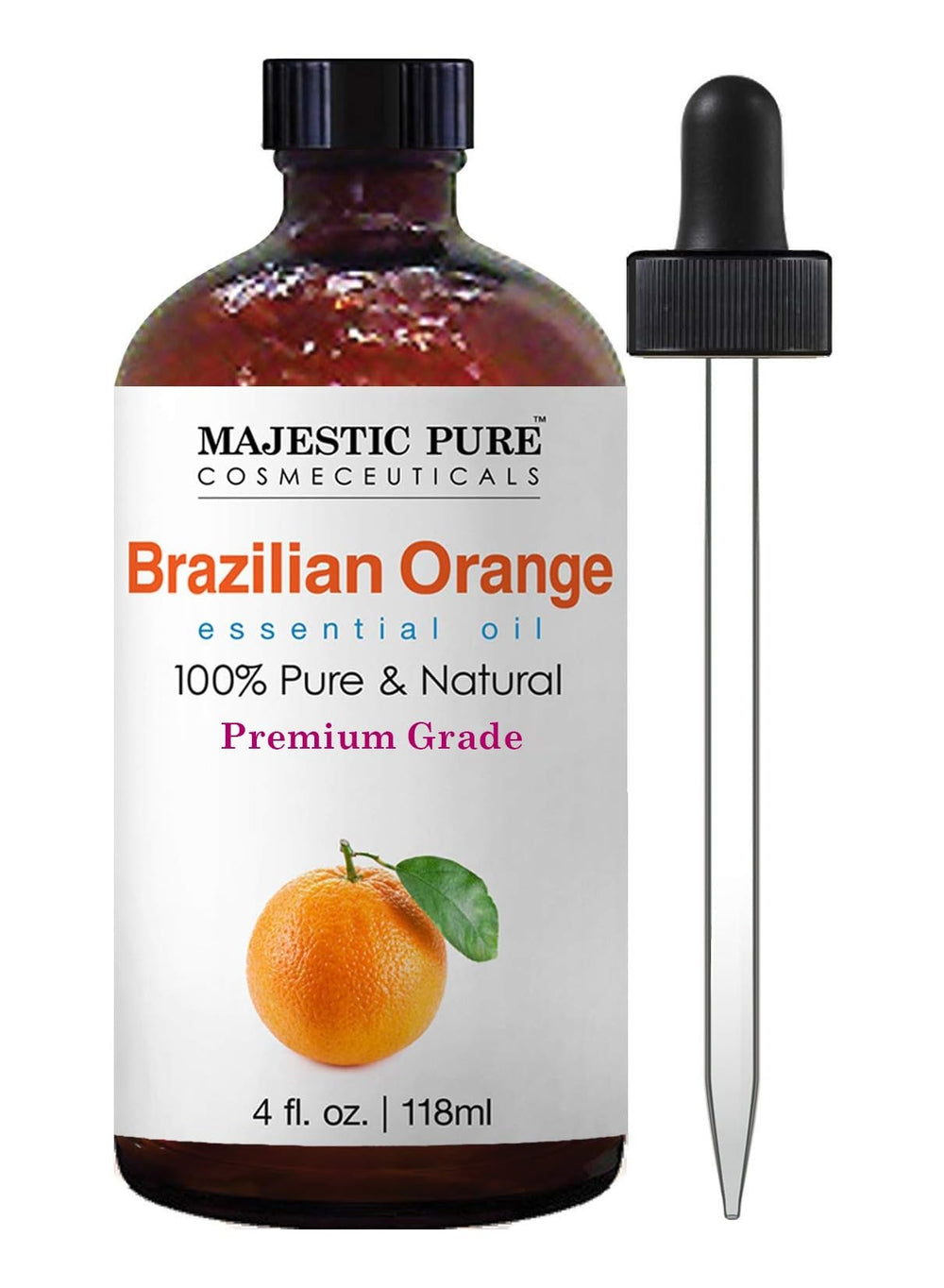 Majestic Pure Brazilian Orange Essential Oil in amber glass bottle with dropper (4 oz).
