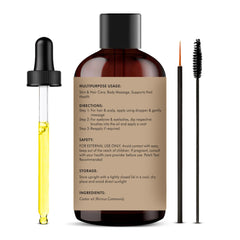 Flat lay of castor oil bottle with packaging and label