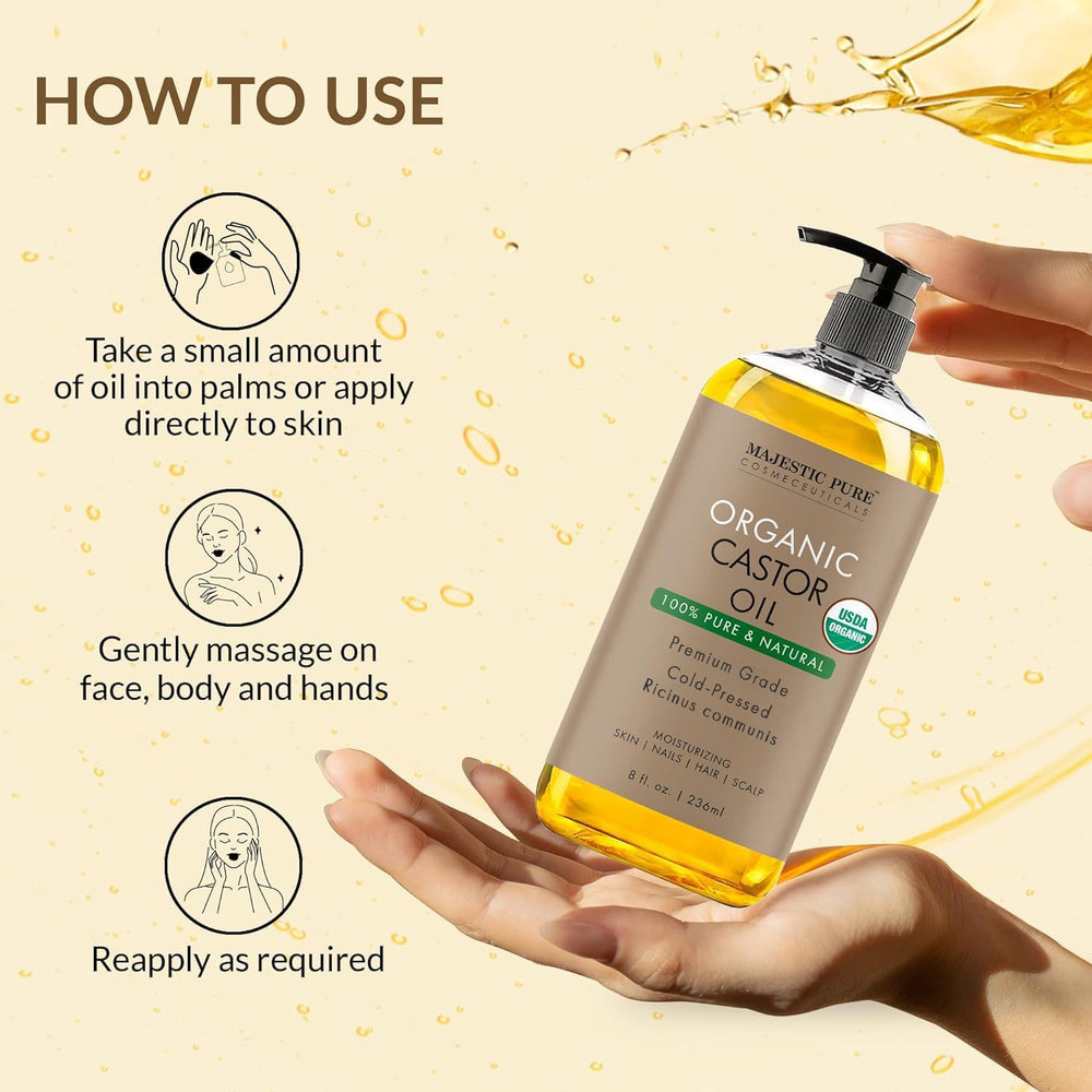 Close-up of Majestic Pure Organic Castor Oil bottle
