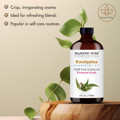 Eucalyptus essential oil bottle with Majestic Pure label close-up