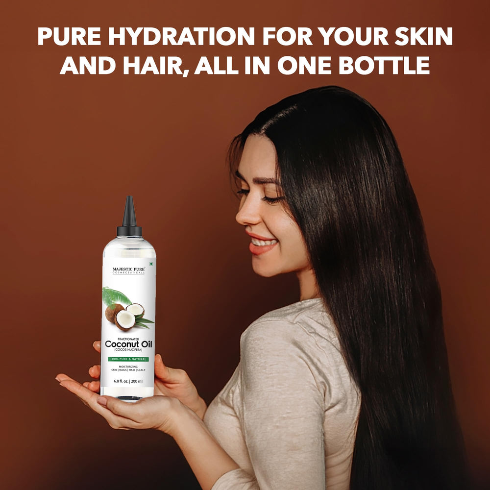 Front view of Majestic Pure Fractionated Coconut Oil 6.8 oz bottle