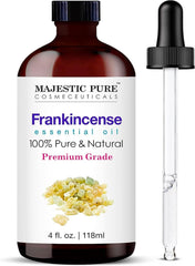 Majestic Pure Frankincense Essential Oil 4 oz amber glass bottle with dropper