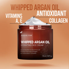 Majestic Pure Whipped Argan Oil Moisturizer glass jar with gold lid on vanity.