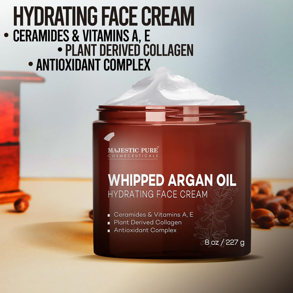 Majestic Pure Whipped Argan Oil Moisturizer Made in USA cruelty-free label on jar.