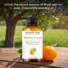 Amber glass dropper bottle for Majestic Pure Brazilian Orange Essential Oil.