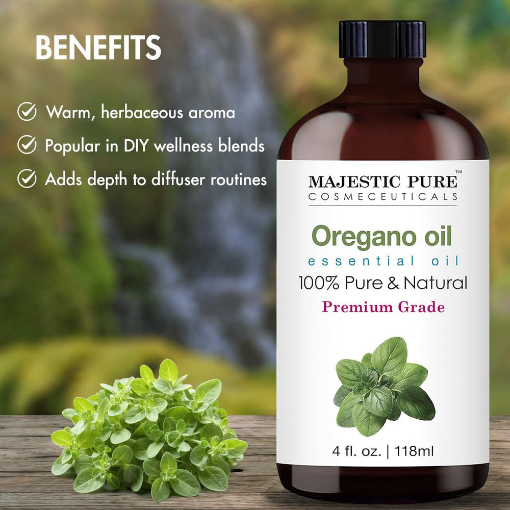 Side view of Majestic Pure oregano oil bottle with label
