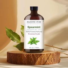 Close-up of Majestic Pure Spearmint essential oil label