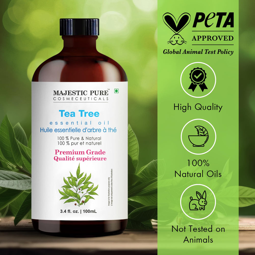 Majestic Pure Tea Tree Essential Oil bottle displaying label and amber glass