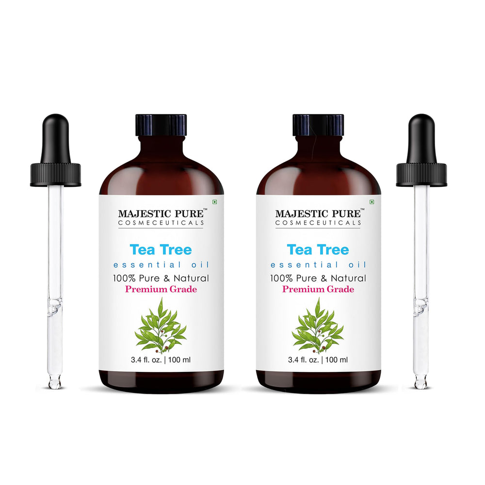 Majestic Pure Tea Tree Essential Oil in amber glass bottle with dropper, 3.4 oz, pack of 2