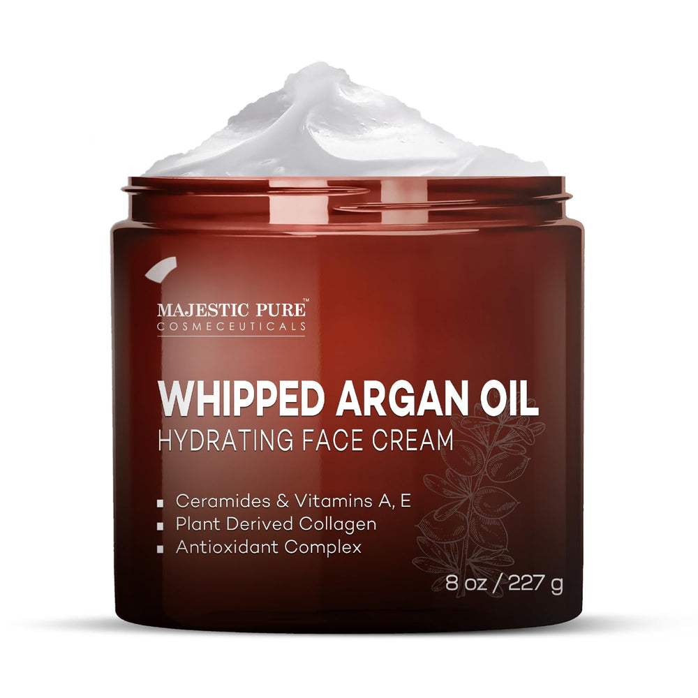 Majestic Pure Whipped Argan Oil Moisturizer bottle close-up showing hydrating formula for daily use.