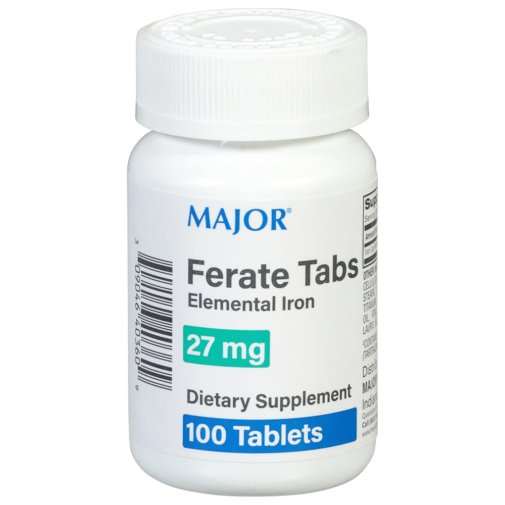 Bottle of Major 27 mg Ferate Tabs iron supplement with label