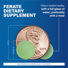 Close-up of Ferrous Gluconate 27 mg iron tablet