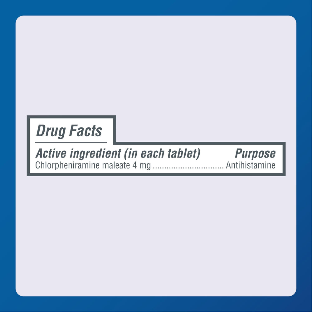 MAJOR 4 Hour Allergy Tablets dosage chart graphic emphasizes 4–6 hour relief.