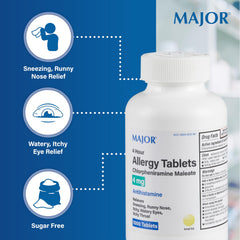 MAJOR 4 Hour Allergy Tablets label shows dosage details for easy reference.