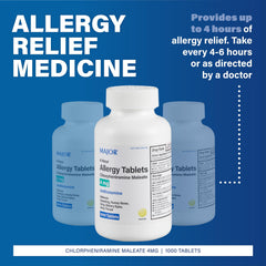 MAJOR 4 Hour Allergy Tablets tablets inside bottle highlight easy dosing.
