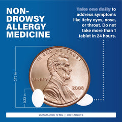 Major Allergy loratadine tablets in hand emphasize easy daily dosing for adults and kids.