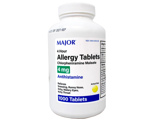 Major Allergy Tablets front bottle shows 4 mg chlorpheniramine for temporary allergy symptom relief