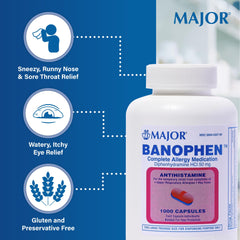 MAJOR Banophen capsules packaging displays allergy relief solution clearly labeled.