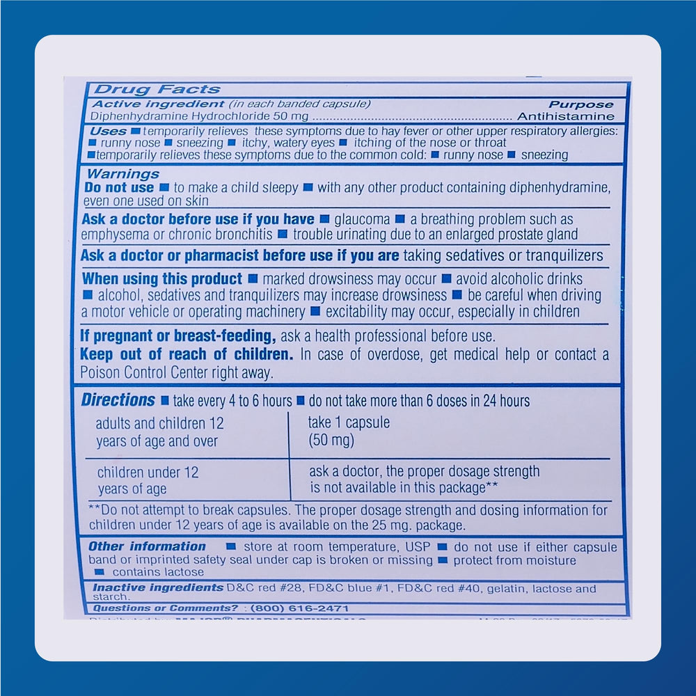 MAJOR Banophen capsules closeup of tablets emphasizes size and uniform dosing.