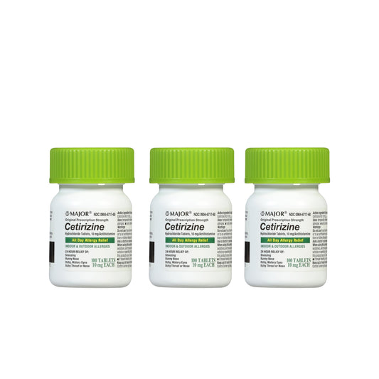 MAJOR cetirizine 10mg bottle label for 24-hour allergy relief.