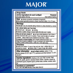 MAJOR Docusate Sodium softgel daily-use label signals OTC availability for routine relief.
