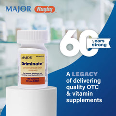 MAJOR Driminate tablets closeup highlight easy-to-swallow nausea relief on-the-go.