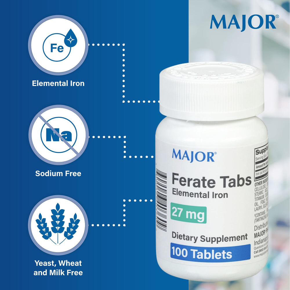 Major Ferate Tabs packaging showing 100-count in a 3-pack