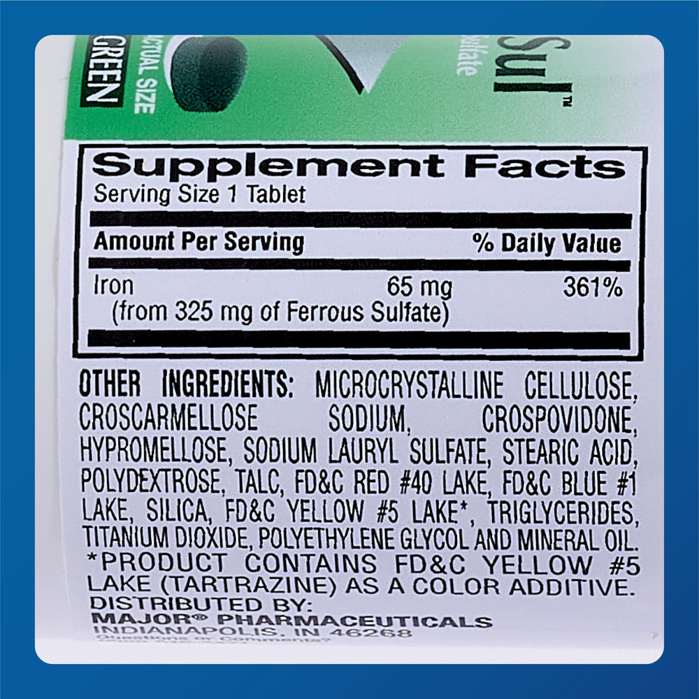 Major Pharmaceuticals logo and Ferosul green tablets