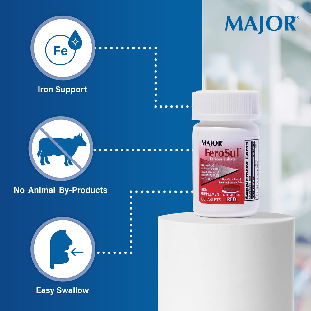 Product label showing 65mg elemental iron per tablet