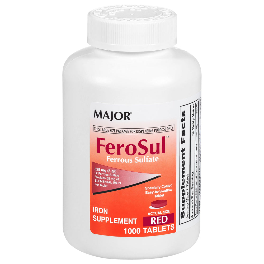 Red-coated ferrous sulfate 325 mg tablets in bottle – Major FeroSul