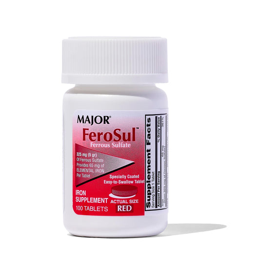 Front view of Major Ferosul ferrous sulfate 65mg elemental iron red tablets in bottle