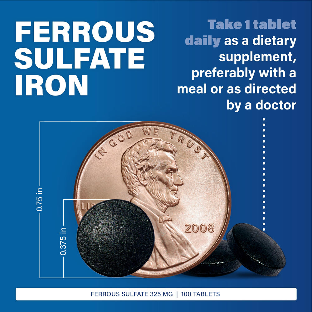 Packaging highlight showing 65 mg elemental iron per tablet