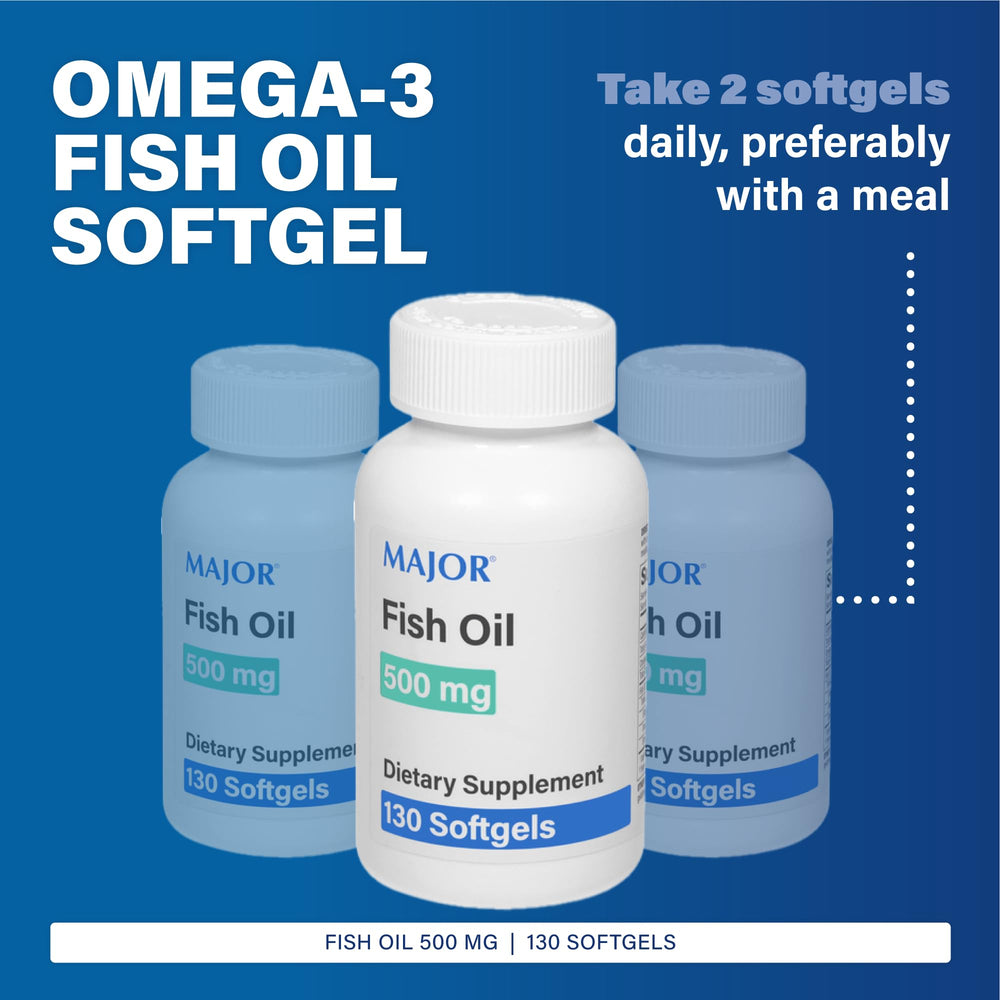 Two 130-count bottles of Major Fish Oil 500mg Softgels in a 2-pack.