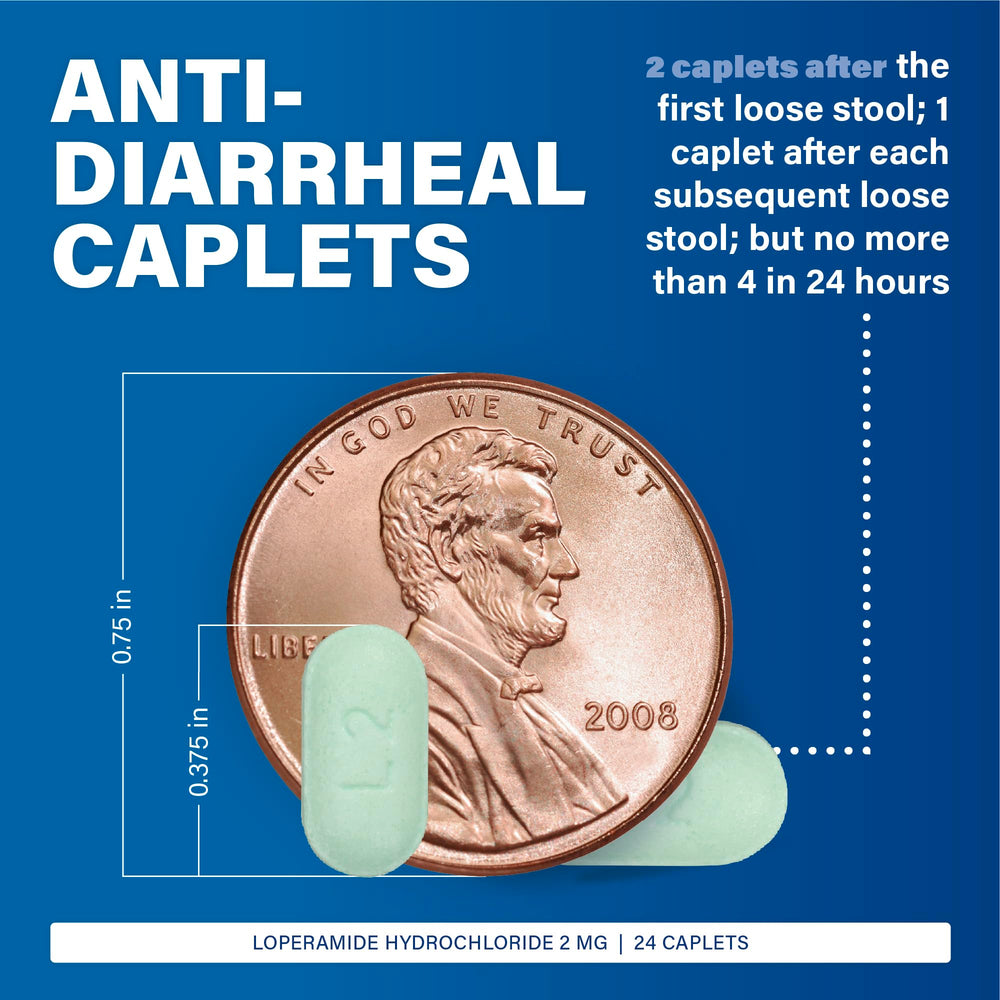 Dosing guide graphic image demonstrates after first loose stool, two caplets