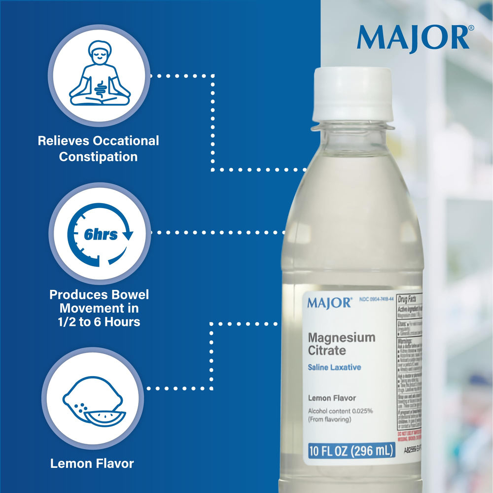 Product label showing ingredients for Major Magnesium Citrate Saline Laxative Lemon 10 oz 6-pack