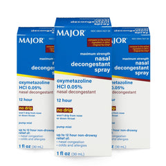 MAJOR nasal decongestant spray oxymetazoline pump mist for fast relief.