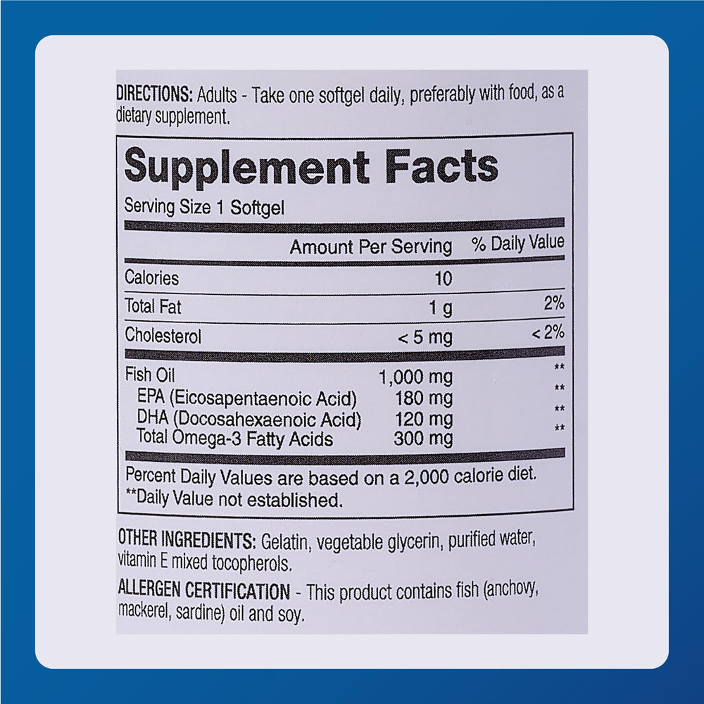 Label showing 1,000 mg per softgel dosage for MAJOR Omega-3 Fish Oil