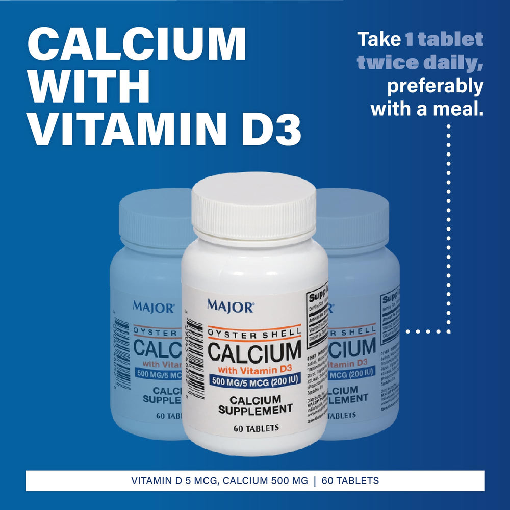 Back view showing supplement facts for Major Oyster Shell Calcium with Vitamin D3