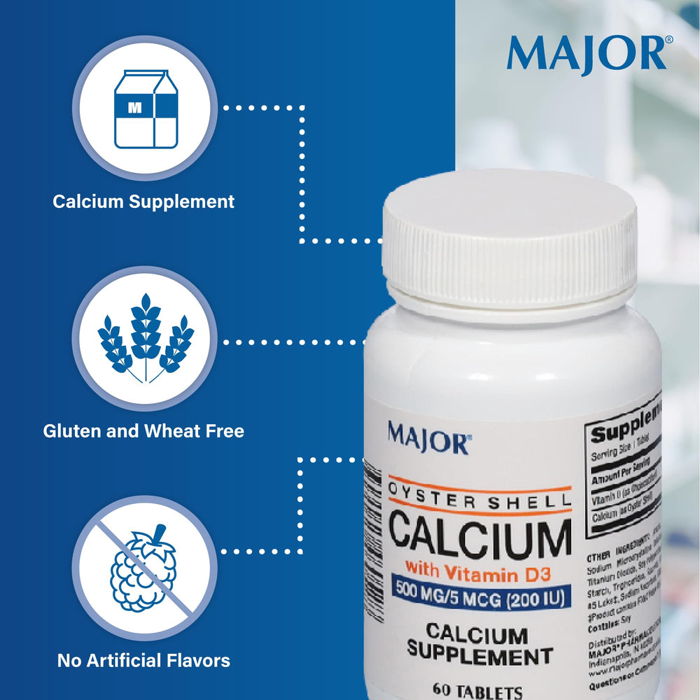 Ingredients and dosage panel of Major Oyster Shell Calcium with Vitamin D3