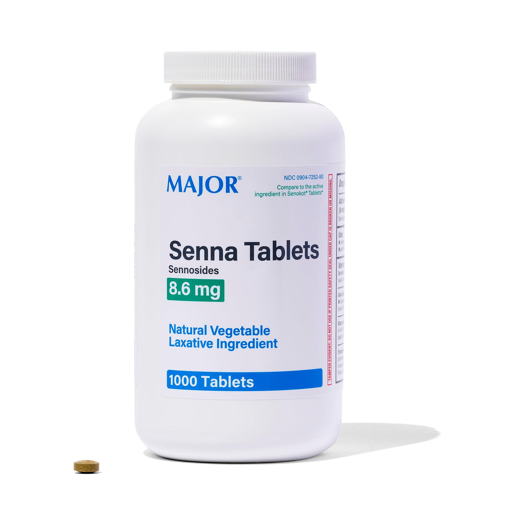 MAJOR Senna 8.6 mg tablets in a bottle close-up showing natural laxative support