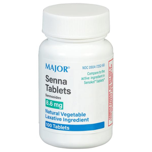 MAJOR Senna 8.6 mg tablets bottle illustrates natural laxative support for occasional constipation relief.