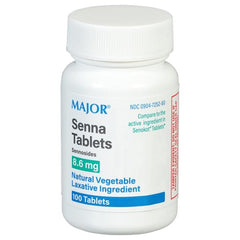 MAJOR Senna 8.6 mg tablets bottle illustrates natural laxative support for occasional constipation relief.