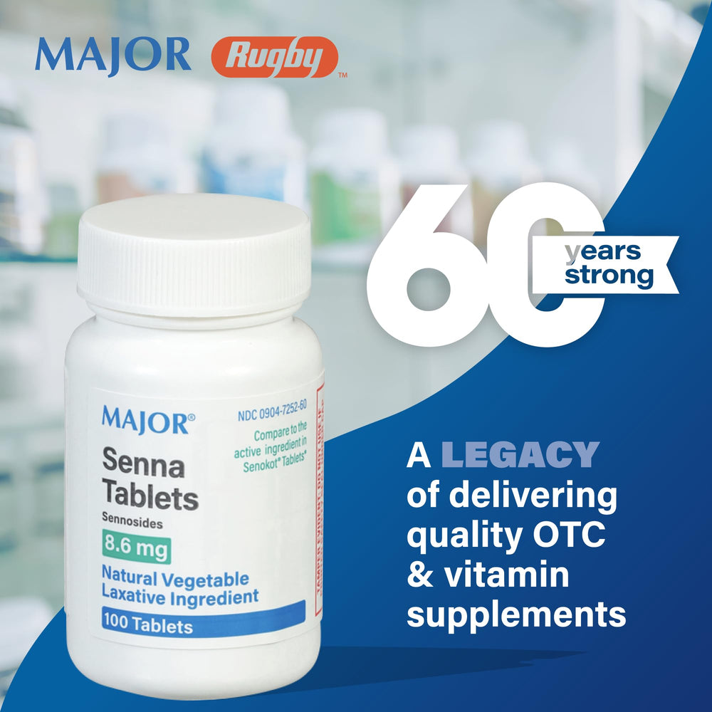 MAJOR Senna 8.6 mg tablets pack front suggests easy nightly dosing for gentle relief.